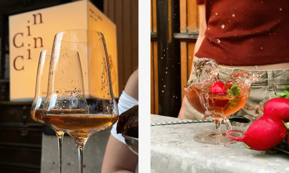 Бокал вина и коктейль Dirty Martini в Cin Cin Wine&Table