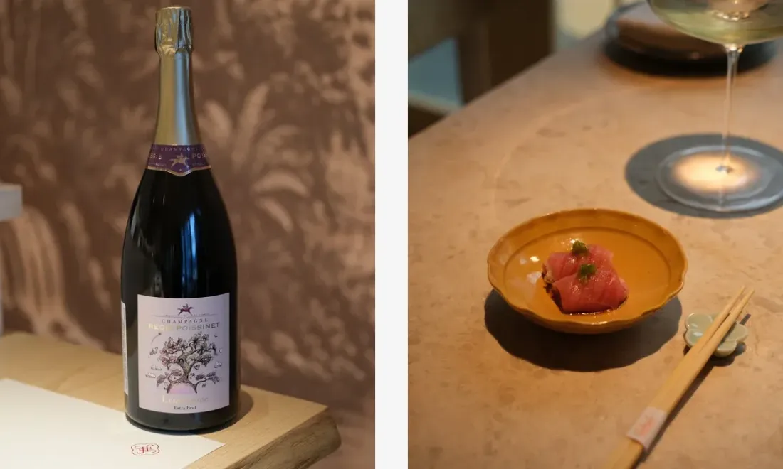 Champagne Regis Poissinet и тунец чу-торо в ресторане jidai