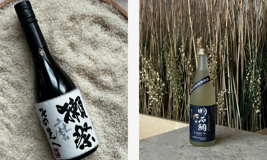Бутылки саке DASSAI Beyond и Akashi-Tai в ресторане jidai