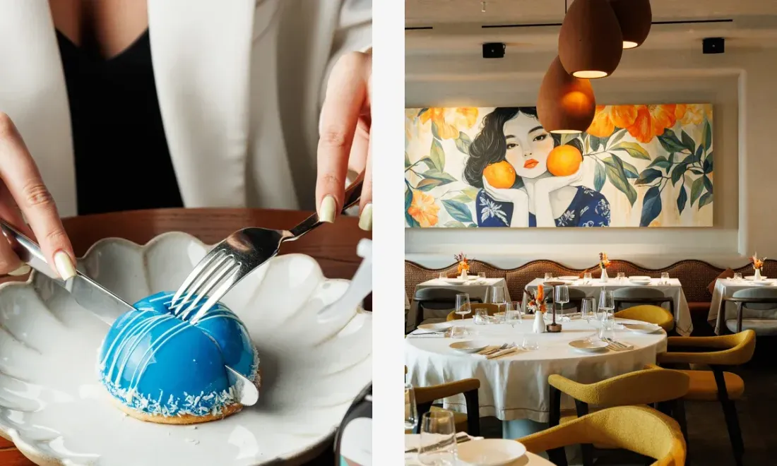 Десерт Aquamarine и зал Eliso Bistro