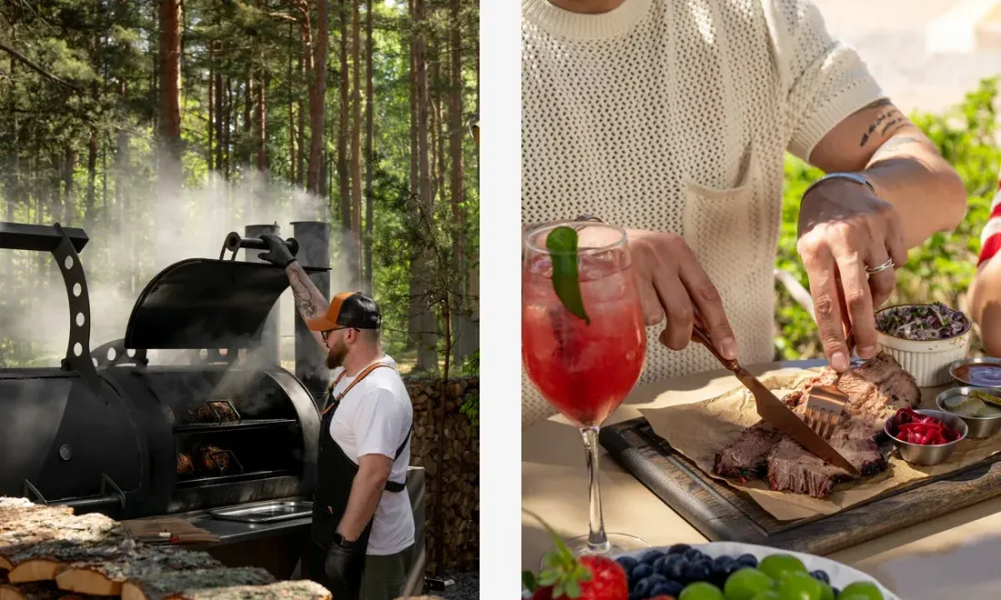 The chef at the smoker and a meat course at Maitri resort's dinner on the sand