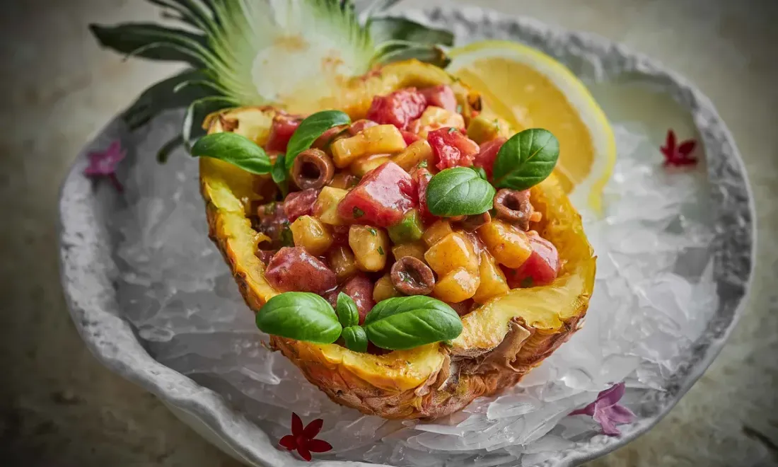 Тартар из тунца с ананасом и соусом кимчи в ресторане Зеа